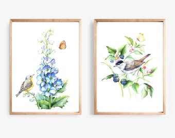 Bird Prints Wall Art, Set of 2 Watercolor Painting, Bird Painting Wall Decor, Set of Prints Botanical Wall Art, Bird Art