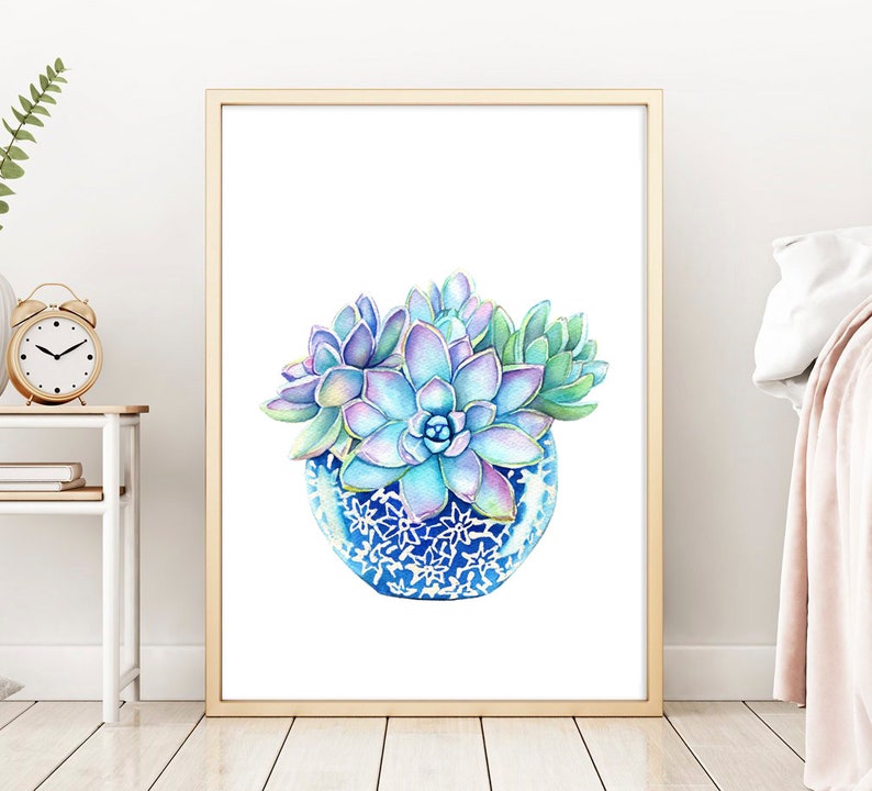 Cactus Print Succulent Print Succulents Succulents in a Blue Vase Art Print Succulent Art Blue Green Wall Art