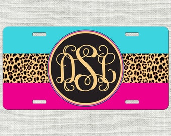 Hot Pink Turquoise Leopard License Plate, Animal Print Monogram Personalized