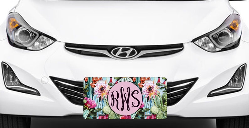 Monogrammed Car Tag Floral Cactus Personalized Front License Plate 9379