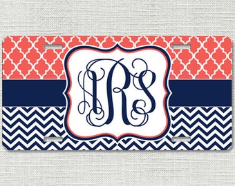 Monogrammed Car Tag - Chevron Lattice Navy Orange  - Personalized Front License Plate 9245