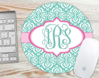 Damask Mouse Pad - Light Teal Damask with Monogram - Personalized Mouse Pad - Round or Rectangle 7059