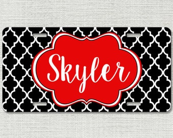 Monogrammed Car Tag, Monogram License Plate, Black Lattice Red Monogram Car Tag, Personalized Car Tag, Mothers Day Gift, Gifts For Her 9315