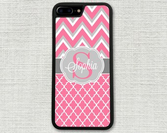 Pink Silver Chevrons Lattice iPhone 7 Case, Monogrammed iPhone 7 Plus Case Monogram 1274