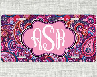 Monogrammed Car Tag Purple Paisley Personalized Front License Plate 9326