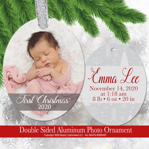 Baby Gifts Personalized - Babys First Christmas Ornament - Personalized Baby's First Christmas Photo Ornament - Double Sided Aluminum 6067