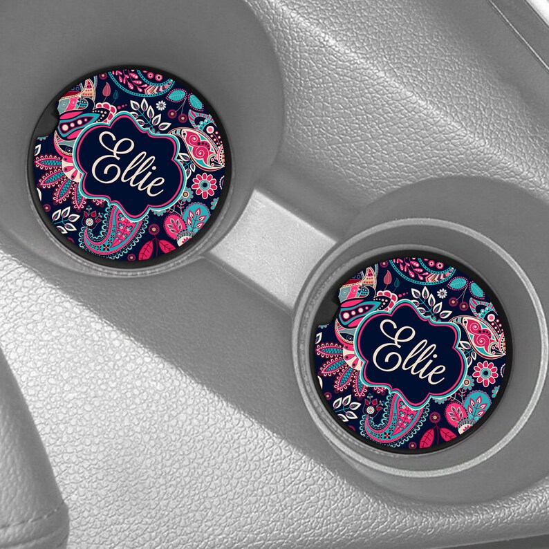 Personalized Car Coasters, Monogrammed Car Coasters, Pink Black Paisley Car Coasters, Personalized Gift image 1