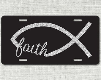 Faith Jesus Fish Car Tag Glitter Like - Front License Plate - Vanity Plate - Christian Car Tag - Custom License Plate - License Frame 9308