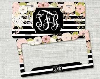 Monogrammed Car Tag, Monogram License Plate Frame, Floral Stripes Monogram Car Tag, Personalized Car Tag, Mothers Day, Gifts For Her 9301