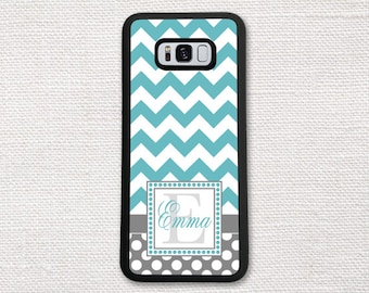 Case For Samsung Galaxy Teal Chevrons Personalized Monogram, S22, S22 U, S22+, S21, S21+, S21 U, S20, S20+, S20 U, S10+, S9+, S8+