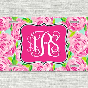 Monogrammed Car Tag, Pretty Pink Roses, Monogram Car Tag Personalized Front License Plate 9196