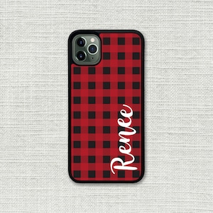 Cute Buffalo Plaid Red Black iPhone 11 Case Monogrammed Personalized for Apple iPhone 11 / 11 Pro / 11 Pro Max / X XS Max / XR / 7 / 8 / 6