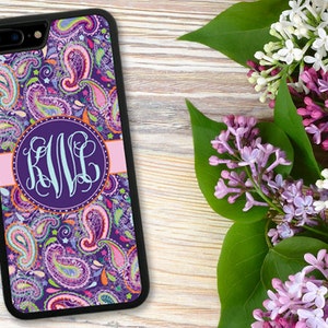 iPhone 7 Case, Purple Paisley Monogrammed iPhone 7 Plus Case, Monogram Case for X, 8, 8 Plus, 7, 7 Plus, 6, 6 Plus, 5, SE, Wallet, 1139