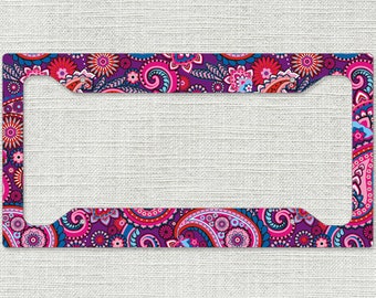Auto License Plate Frame, Car Tag Frame, License Plate Cover, Purple Paisley 99326