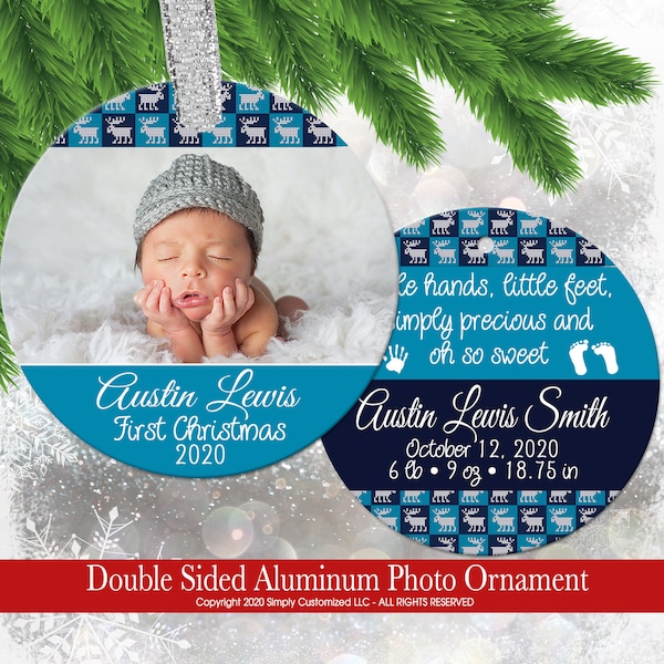 Baby's First Christmas Photo Ornament - Blue Moose Sweater Baby Stats Double Sided Keepsake Personalized Christmas Tree Ornament 6116