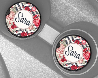 Personalized Car Coasters, Monogrammed Car Coasters, Floral Roses Chevrons Car Coasters, Personalized Gift