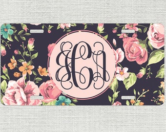 Monogrammed Car Tag Floral Roses Personalized Front License Plate 9348