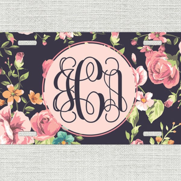 Monogrammed Car Tag Floral Roses Personalized Front License Plate 9348