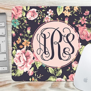 Pretty Floral Roses Monogrammed Mouse Pad Personalized Mousepad Desk Accessory Gift 7024R image 1