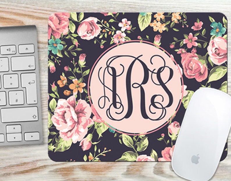 Pretty Floral Roses Monogrammed Mouse Pad Personalized Mousepad Desk Accessory Gift 7024R image 1