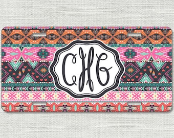 Personalized Monogrammed License Plate Car Tag, Monogram License Plate, Personalized License Plate, Monogram Pink Hipster Aztec 9005