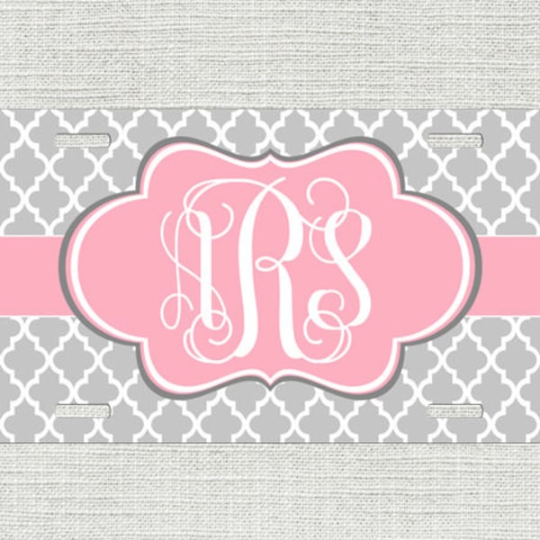 Front License Plate, Lattice Pink Grey Car Tag, Monogram License Plate Car Tag, Personalized License Plate Chevrons 9318