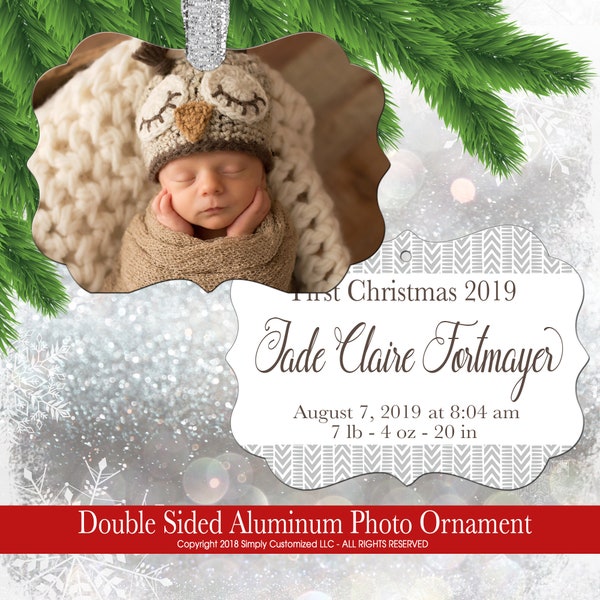 Baby's First Christmas Ornament - Personalized Baby Gift - Newborn Gift Neutral or Your Favorite Color and Photo Double Sided Aluminum 6084