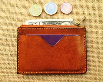 Tarjetero y monedero con cremallera de piel hecho a mano, cartera de cuero minimalista, fina y delgada