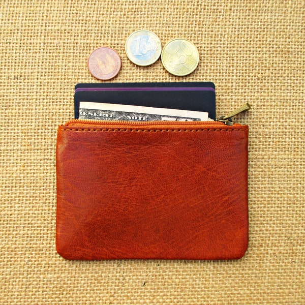 Leather credit card and coins purse, handmade zippered pouch, unisex wallet