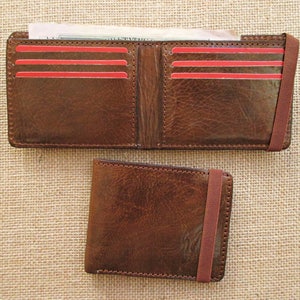 Leather bifold wallet, handmade minimalist wallet, thin wallet, slim wallet, with elastic band