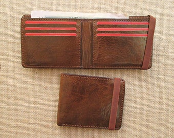 Handmade Leather Bifold Wallet, Slim Minimalist Design with Elastic Band