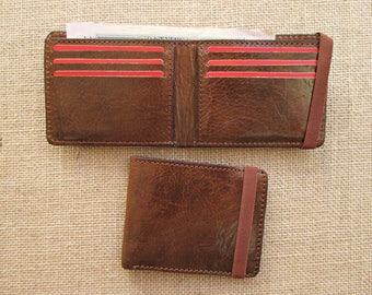 Leather bifold wallet, handmade minimalist wallet, thin wallet, slim wallet, with elastic band