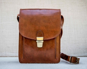 Handmade unisex small messenger bag, cross body satchel, ipad mini bag, in cognac leather