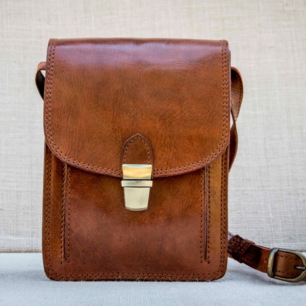 Handmade unisex small messenger bag, cross body satchel, ipad mini bag, in cognac leather