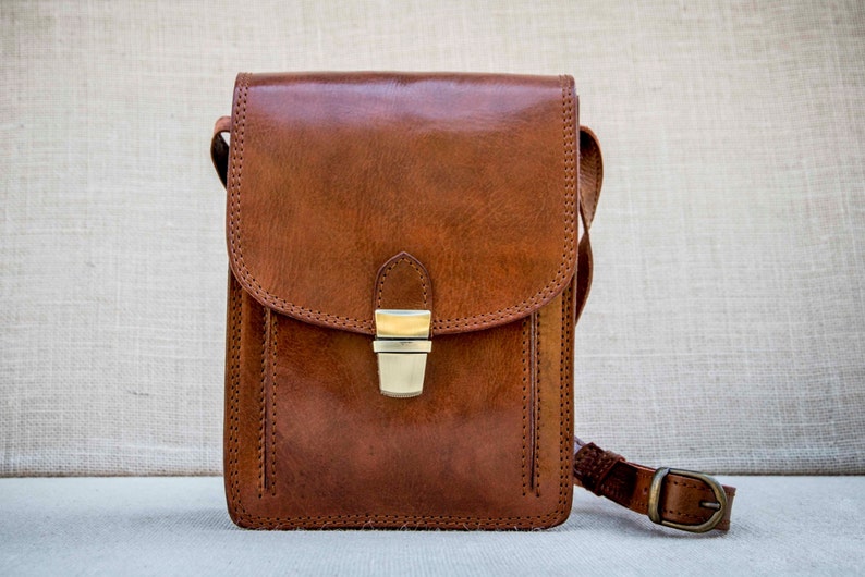 Handmade unisex small messenger bag in cognac leather ipad mini bag cross body satchel