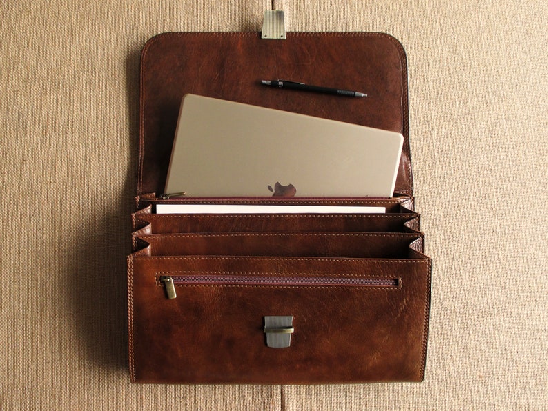 Leather slim briefcase, laptop bag, handmade portfolio, MacBook bag, messenger bag, satchel. image 2