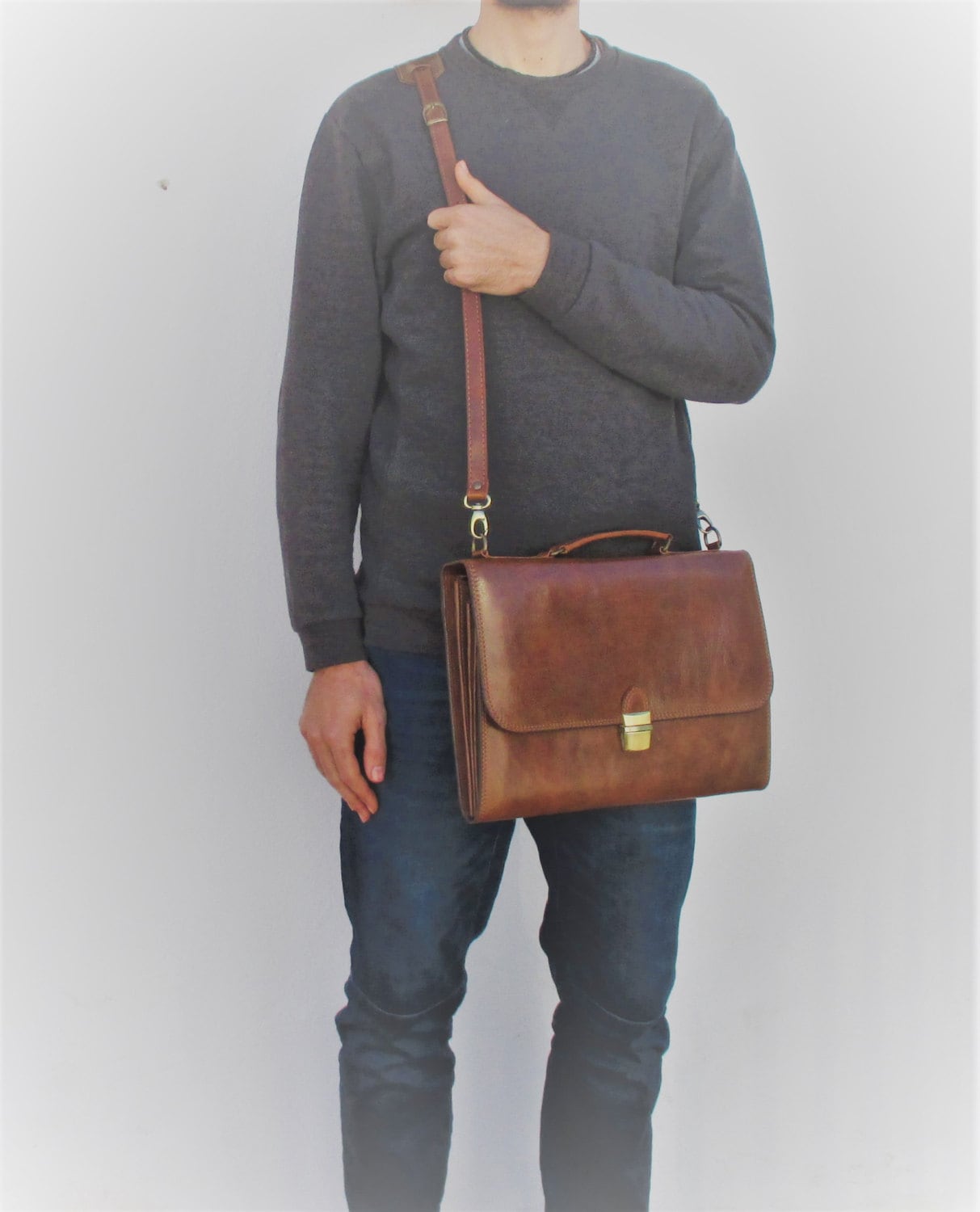 Leather Slim Briefcase Laptop Bag Handmade Portfolio Etsy