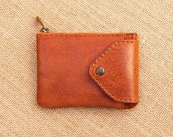 Handmade Leather Minimalist Wallet, Zippered Coin Purse, Credit Card Holder