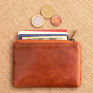 Monedero y tarjetero de  piel, portamonedas artesanal con cremallera, cartera unisex