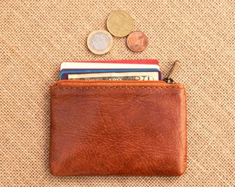 Leather purse, credit card and coins pouch, handmade zippered pouch, unisex wallet