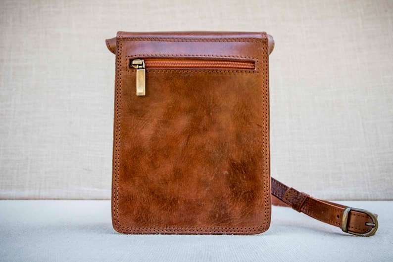 Handmade unisex small messenger bag in cognac leather ipad mini bag cross body satchel