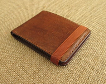 Leather minimalist wallet, handmade bi-fold wallet, thin cardholder, slim men wallet, with elastic band