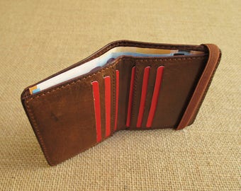 Leather bifold wallet, handmade minimalist wallet, thin Euro wallet, slim wallet, with elastic band