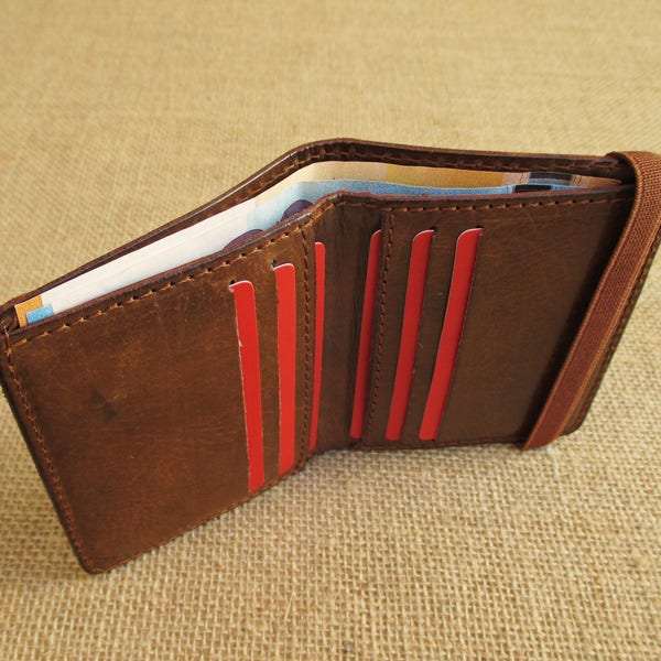 Leather bifold wallet, handmade minimalist wallet, thin Euro wallet, slim wallet, with elastic band