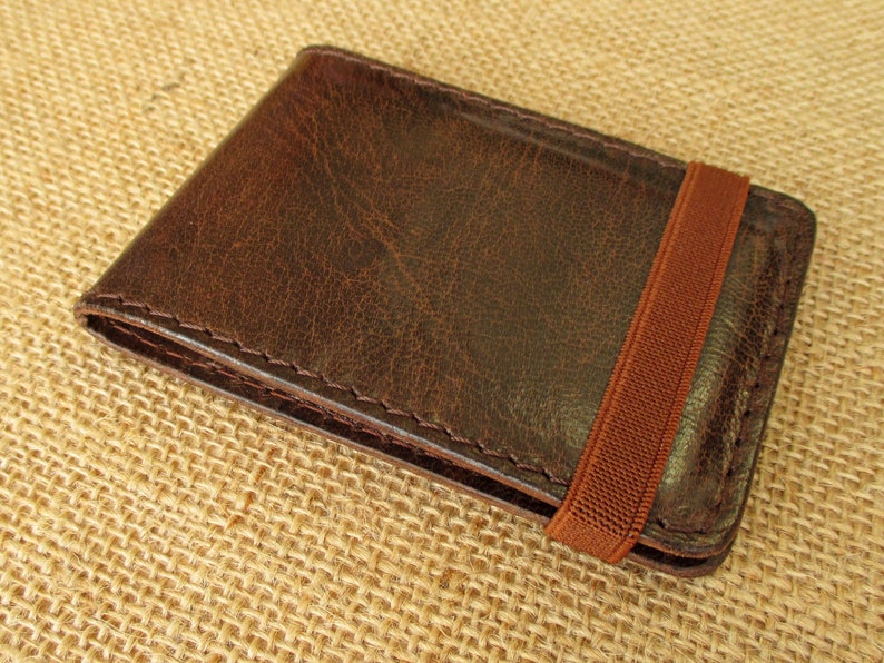 Leather credit card holder, handmade minimalist wallet, thin wallet with elastic band, slim image 3