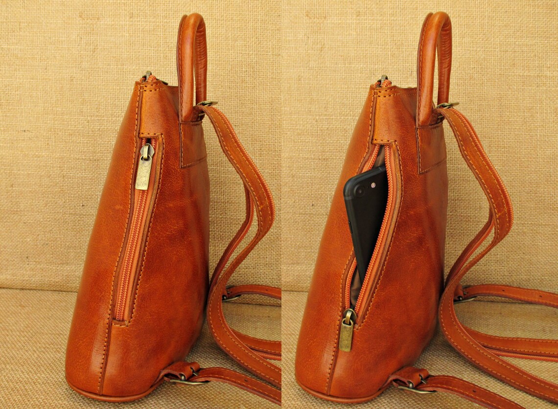 Small Leather Backpack Women Daily Backpack Zipper Strap Etsy