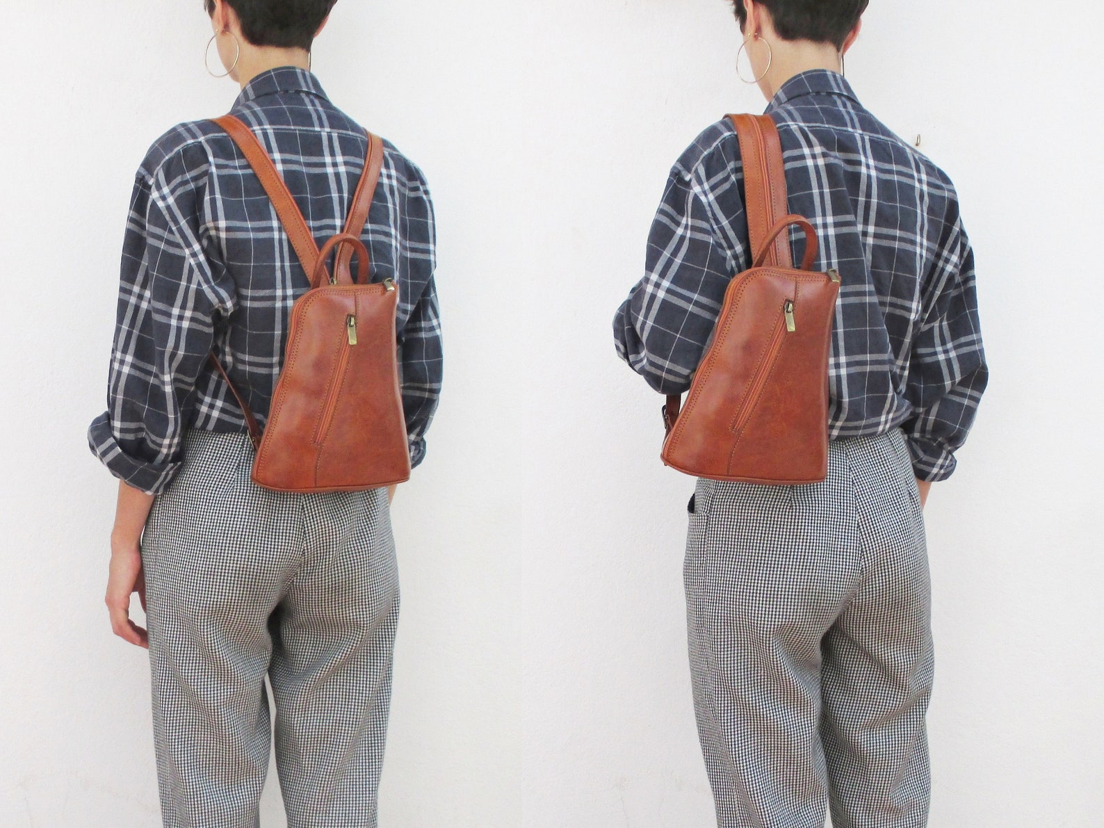 Small Leather Backpack Women Daily Backpack Zipper Strap Etsy