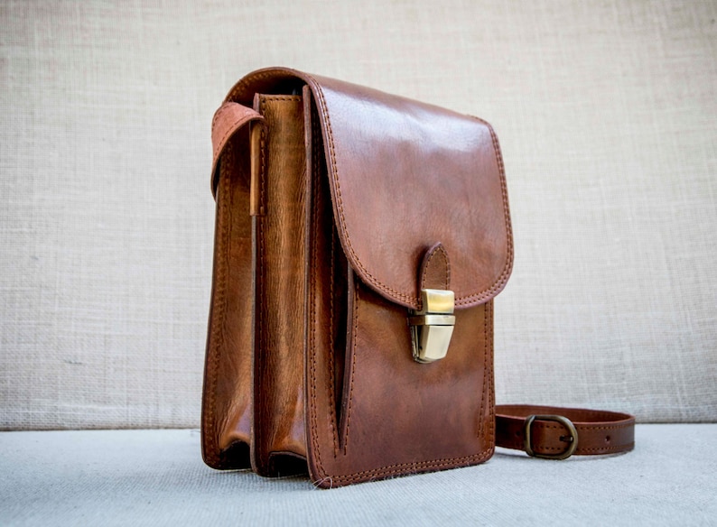 Handmade unisex small messenger bag in cognac leather ipad mini bag cross body satchel