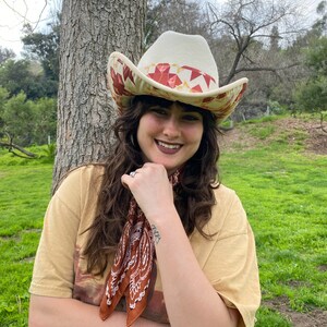 May include: A cream-colored cowboy hat with a geometric pattern in red, orange, and yellow. The hat is worn with a brown bandana and a tan t-shirt. The background is a green field and trees.