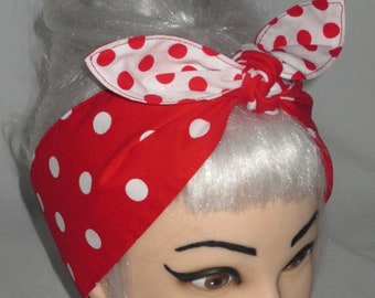 White Red Polka dots Rockabilly Head Scarf hair wrap Headband Retro inspired